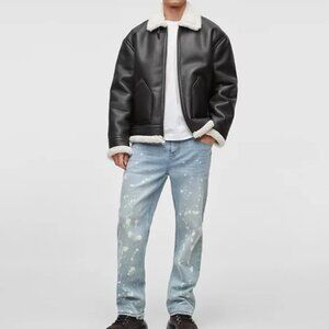 Mode of One Men's Aviator Faux-Sherpa Jacket Deep Black Size M